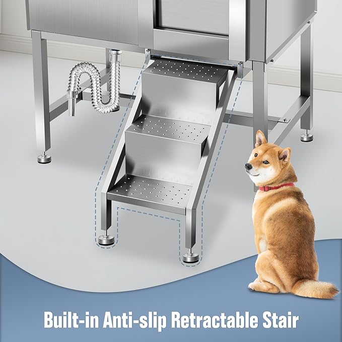 38" Pet Dog Bathing Station W/Stairs, Professional Stainless Steel Dog Grooming Tub W/Soap Box, Faucet,Rich Accessory, Dog Bathtub for Large,Medium,Small Pets, Washing Sink for Home,R-RAMP