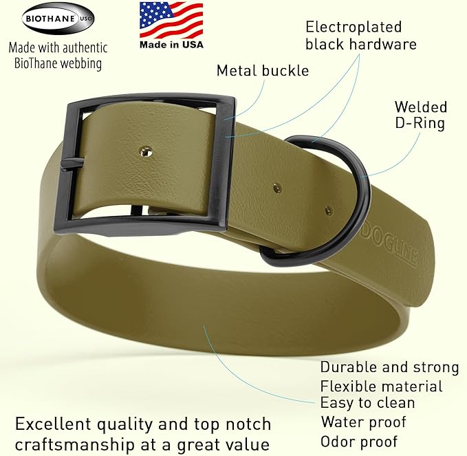 Dogline Biothane Waterproof Dog Collar Strong Coated Nylon Webbing with Black Hardware Odor- Proof for Easy Care Easy to Clean High Performance Fits Small Medium or Large Dogs, Olive Drab Green