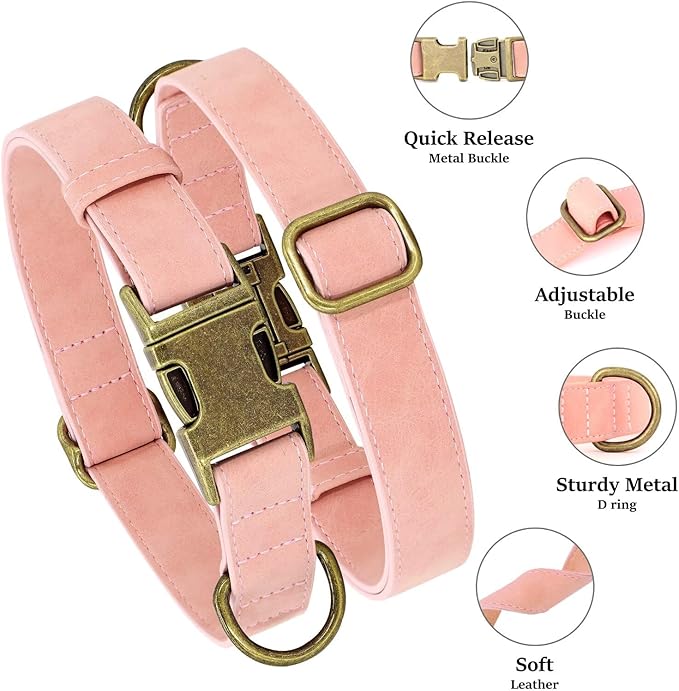 Didog Soft PU Leather Dog Collar, Stylish Quick Released Dog Collars for Large Dogs, Easy Clean Adjustable Pet Collar for Daily Walking, Pink, XL Fit 17-27" Neck
