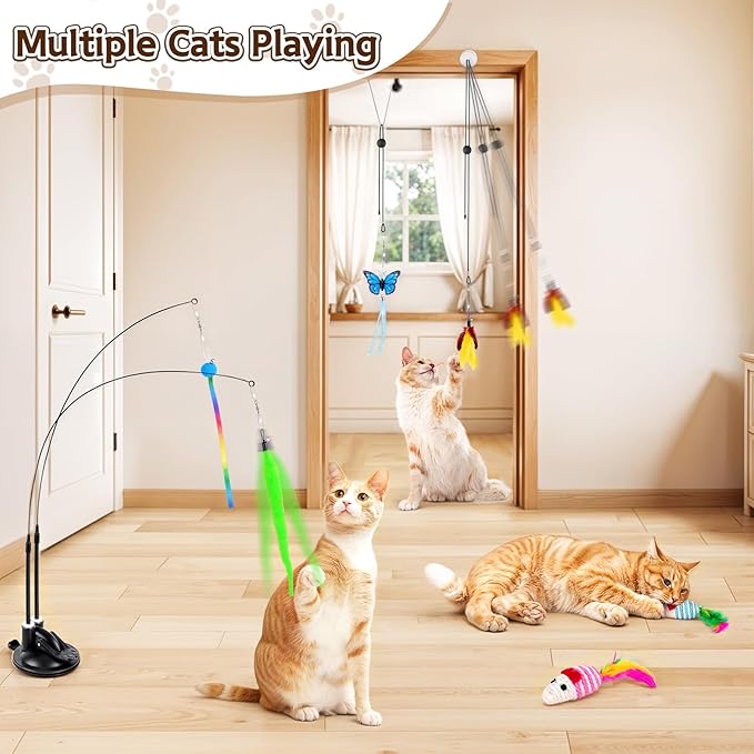 HONGDDY Cat Toys, 14Pcs 4 in 1 Indoor Adult Cat Interactive Toys, Hanging Door Kitten Wand with Suction Cup Removable Feathers Balls Mice Butterfly Streamers