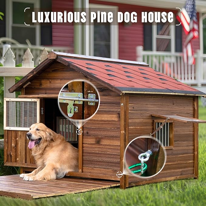 Extra Large Dog House Outdoor Made of Solid Pine Wood, Warm Doghouse, Dog House with Elevated Floor for Medium Dogs, (Wood, L)