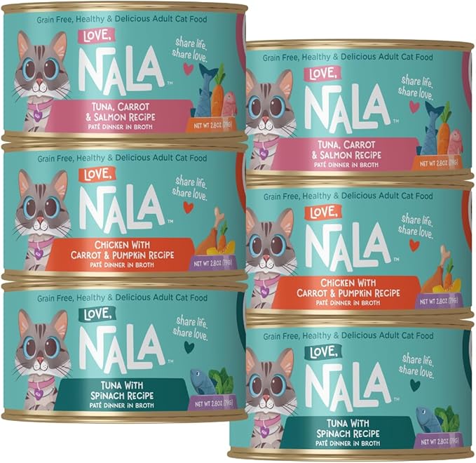 LOVE, NALA - Natural Adult Cat Wet Food - Pate Variety Pack - Tuna, Chicken, Tuna and Salmon - Grain Free, Non-GMO, Fiber Blend, Minerals, Vitamins - 12 Pack 2.1 lbs.