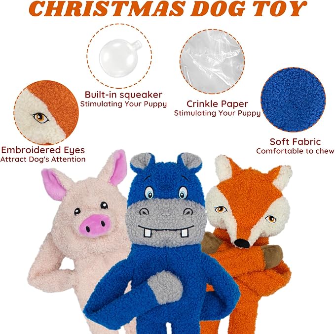 3 Pack No Stuffing Crinkle Squeaky Interactive Plush Dog Toys for Aggressive Chewers to Keep Puppy Busy for Boredom Small & Medium Breeds Furry Friend Teething Orange Fox Pink Pig Blue Hippo