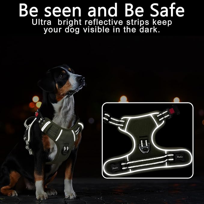 Timos Dog Harness Medium Sized, No Pull Pet Harness with Neck Lockable Snap,No Choke Front Clip Dog Reflective Vest,Adjustable Metal Rings 3 Buckles,Easy Control Handle for Medium Dogs Green M