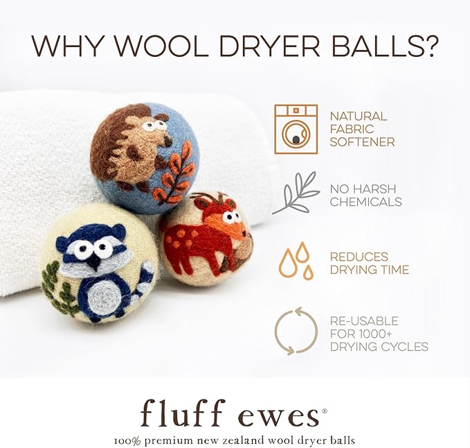 Fluff Ewes Wool Dryer Balls 3 Pack Premium New Zealand Wool Laundry Balls for Dryer, No Static Dryer Balls Laundry Reusable, XL Hedgehog Dryer Balls, Baby Dryer Balls for Dryers - Hedgehog and Homies