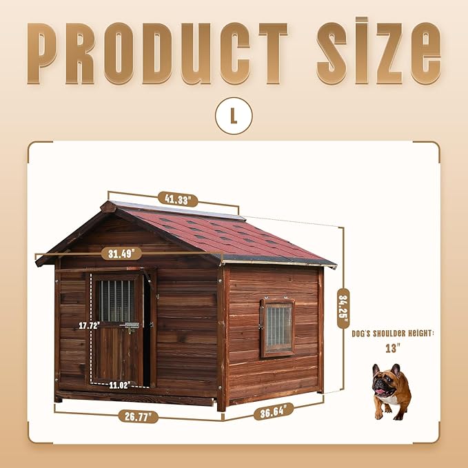 Extra Large Dog House Outdoor Made of Solid Pine Wood, Warm Doghouse, Dog House with Elevated Floor for Medium Dogs, (Wood, L)
