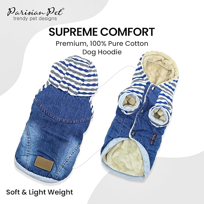 Parisian Pet Basic Hoodie - Lightweight Denim Striped Sweatshirt for Dogs With Leash Hole and Pockets - Blue Cotton Clothes for Small Dogs - S