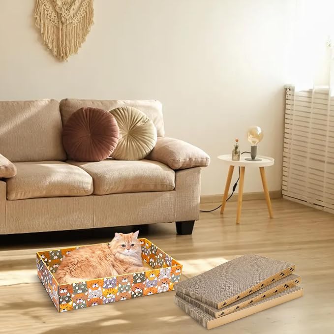 Set of 2 Cardboard Cat Scratchers, 6 Pcs Corrugated Cat Scratch Pad with 2 Boxes, Cute Reversible Kitty Sofa Bed, Refillable Wave Shaped Lounge, Interactive Kitten Toy for Indoor Cats