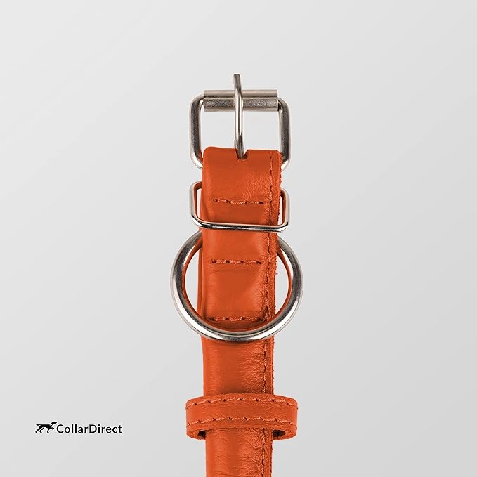 CollarDirect Rolled Leather Dog Collar, Soft Padded Round Puppy Collar, Handmade Genuine Leather Collar Dog Small Large Cat Collars 13 Colors (6-7 Inch, Orange Textured)