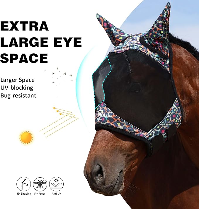 Harrison Howard Pro LumiVista Horse Half Face Fly Mask Large Eye Space with Ears UV Protection for Horse Iridescent Prints L