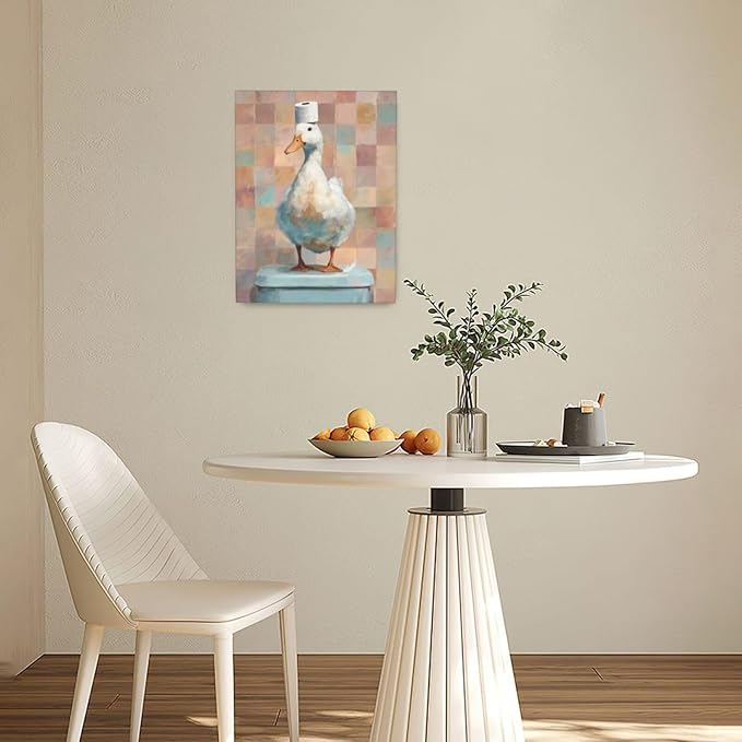 Funny Duck Bathroom Wall Art Cute Duck on Toilet Canvas Wall Decor Funny Quirky Farm Animal Pictures Painting Print Framed Artwork Decorations Gifts for Bathroom 12"x16"