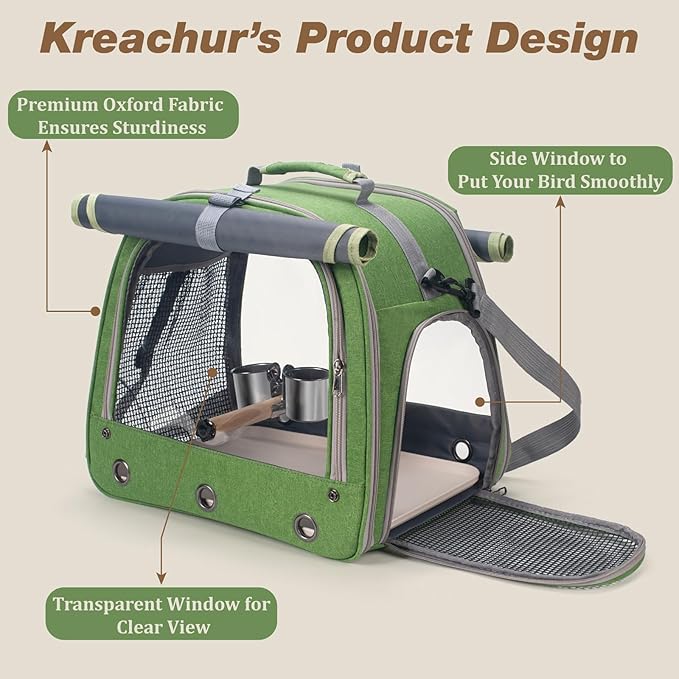 Bird Carrier Parrot Travel Cage with Perch, Food Bowl, Tray and Breathable Clear Window, Bird Travel Bag for African Gray Cockatiel Caique Conure Quaker, for Vetting Camping Hiking (Green)