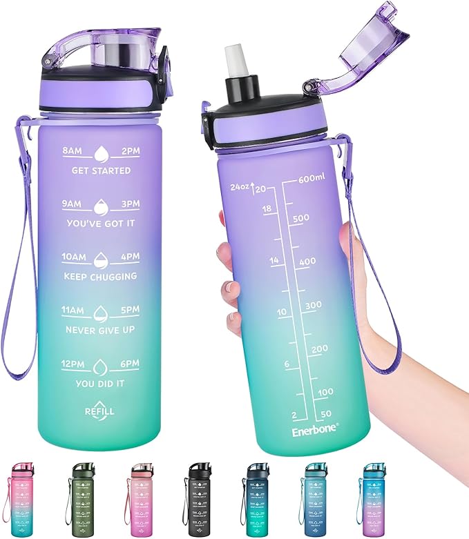 Enerbone Water Bottle, Leakproof BPA & Toxic Free, Motivational Water Bottle with Times to Drink and Straw, Fitness Sports Water Bottle with Strap for Office, Gym, Outdoor Sports