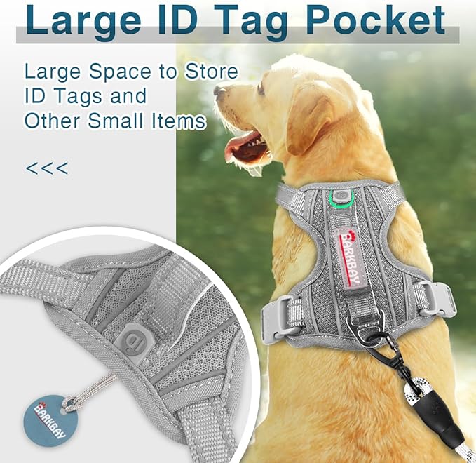 BARKBAY Dog Harness No Pull with ID Tag Pocket - Heavy Duty, Reflective, Easy Control for Large Dogs(Grey,L)