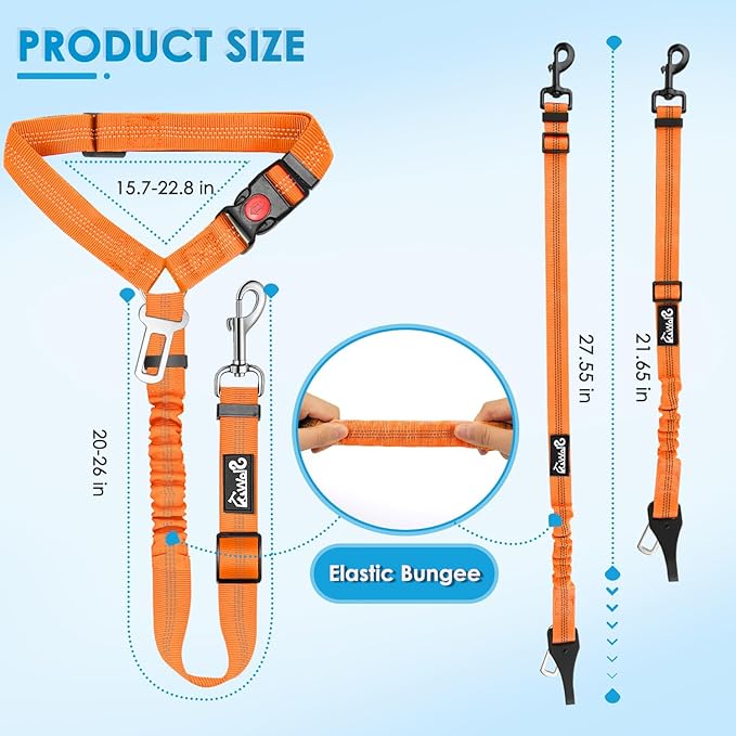 Lukovee Dog Seatbelt Leash for Cars, 2 Pack Pet Safety Car Seat Belt with Adjustable Buckle & Reflective Bungee, Connect Dog Harness in Vehicle Car Dogs Restraint Travel Daily Use (Orange)