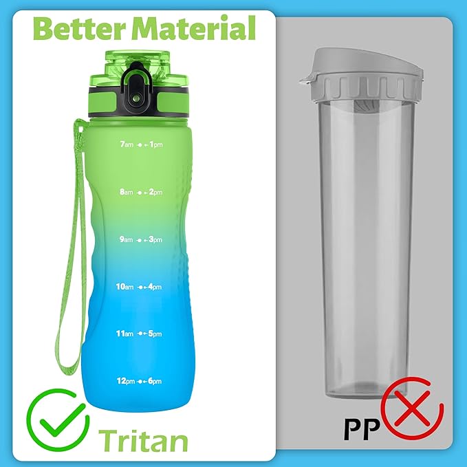 OLDLEY 25 oz Water Bottle, Motivational Water Bottle with Time Marker, Sports Water Bottle With Strap, Leakproof & BPA Free Large Water Bottles for School, Gym, Travel, Outdoor, Tritan,Green&Blue