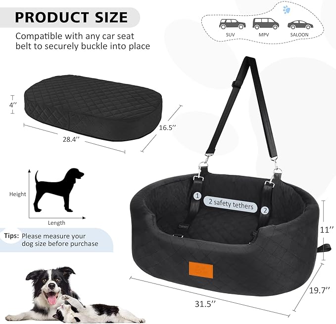Dog Car Seat for Medium Dogs Up to 50 lbs, Pet Booster Seat for Cars SUVs and Trucks, Travel Dog Bed with Safety Strap, Thick Cushion, Non-Slip Base, Washable and Portable (Black)