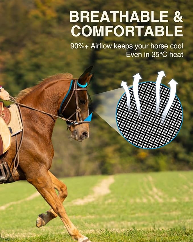 Hilltown Adjustable Fly Mask for Horse with Ears - UV-Block, Large Eye Space, Breathable, Built to Last, Comfort Fit - Horse Fly Mask for Daily Stable, Hot Weather Riding & Competition - Pony, Blue
