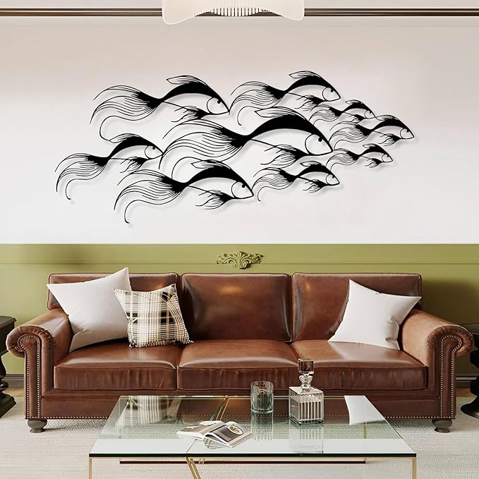 School of Fish Metal Wall Art, Metal Fish Wall Decor, Sea Life Wall Art, Large Nautical Wall Hanging, Modern Beach House Wall Decor, Ocean Themed Artwork for Bathroom (White, 53"x22" | 135x57cm)
