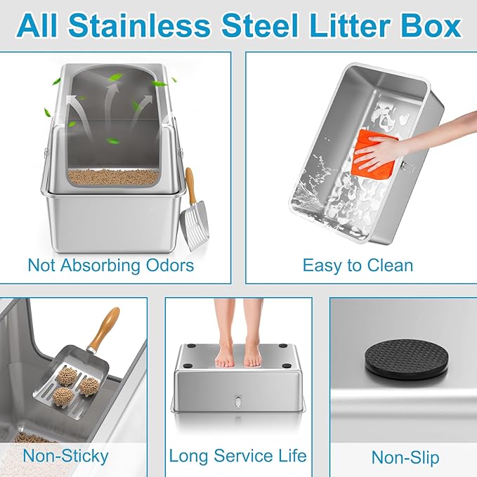 16'' High Sides XXXL All Stainless Steel Cat Litter Box with Lid,8'' Deep Metal Litter Box for Big Cats,Extra Large Litter Boxes with High Wall Enclosure,Anti-Leakage,Never Absorbs Odors,Non-Sticky