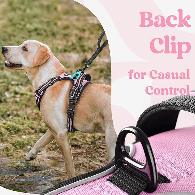 rabbitgoo Dog Harness Medium Sized, No Pull Pet Harness with 3 Buckles, Adjustable Soft Padded Vest with Control Handle, Walking Reflective Pet Vest for Medium Dogs, Pink, M