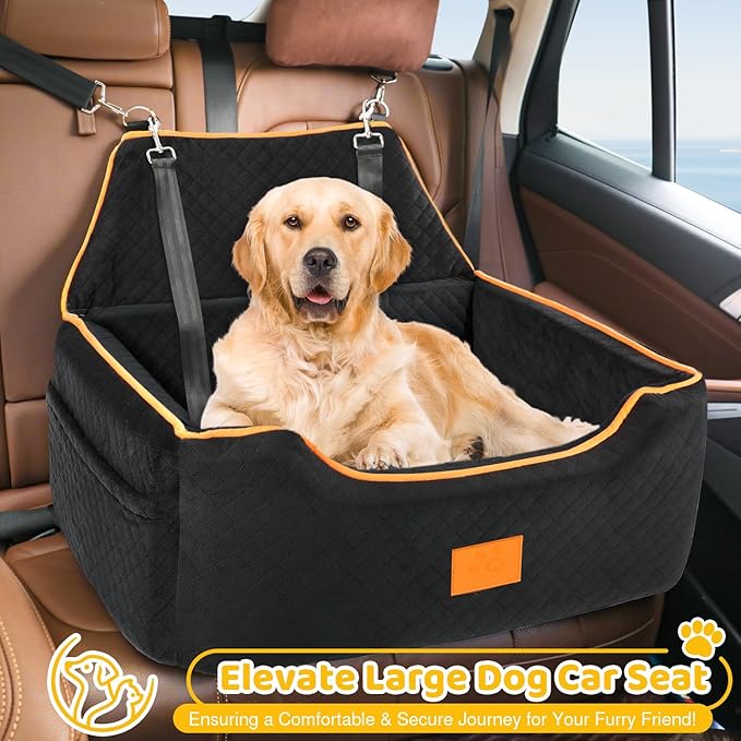 Dog Car Seat for Large/Medium Dog, Booster Seat for Dogs Under 55Lbs or 2 Small, Detachable and Washable Travel Pet Seat with Thick Cushion and Storage Pockets (Black)
