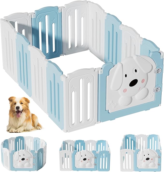 Foldable Dog Play Pen Indoors, Non-Slip Sturdy Puppy Playpen with Door, 25.5" H 12-Panel Adjustable Shape Dog Fence Pen for Small/Medium Dogs, Thickened, Easy to Store, White+Blue