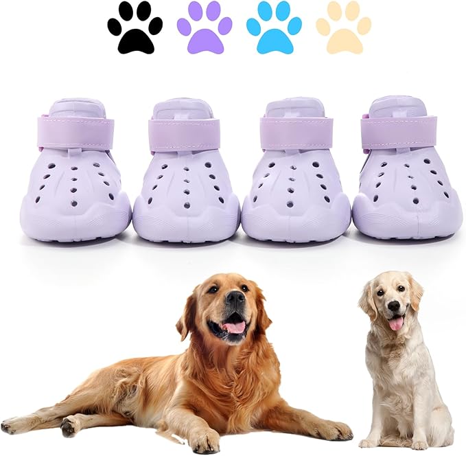 Dog Shoes, Dog Sandals for Hot Pavement, Non-Slip Waterproof Dog Booties for Winter Snowy Day and Summer, Adjustable Straps Easy-Clean Beach Outdoor Pet Boots Rugged Sole-4Pcs Purple