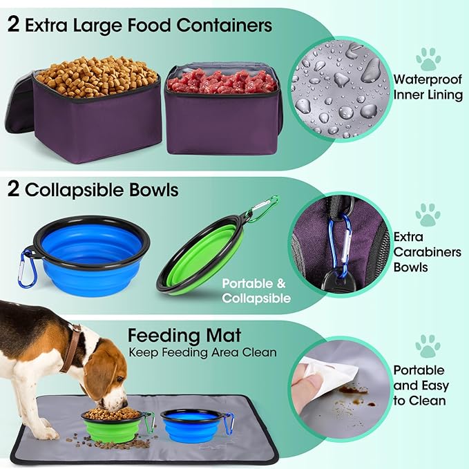 IGOLUMON Dog Travel Bag Large Pet Travel Bags Set for Supplies Weekend Dog Travel Kit Tote Organizer Multi-Pockets Dog Food Travel Bag with 2 Large Food Containers, 2 Dog Bowls, 1 Feeding Mat, Purple