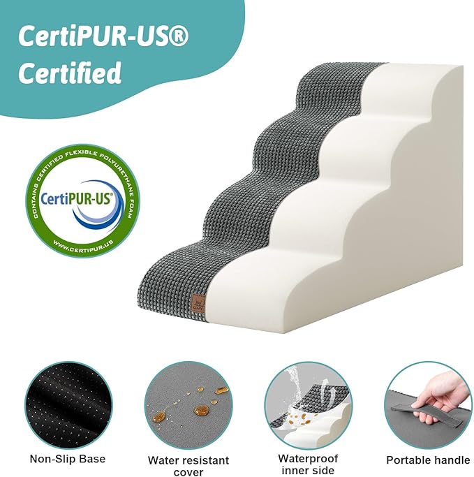 Dog Stairs for Small Dogs 19.7" H, Curved Dog Step for Puppy, Older or Cat, Medium Pet Ramp for Sofa, Couch or Bed, Ladder with High Density Foam, 15.7x28.3x19.7 inch, 4 Step, Dark Grey