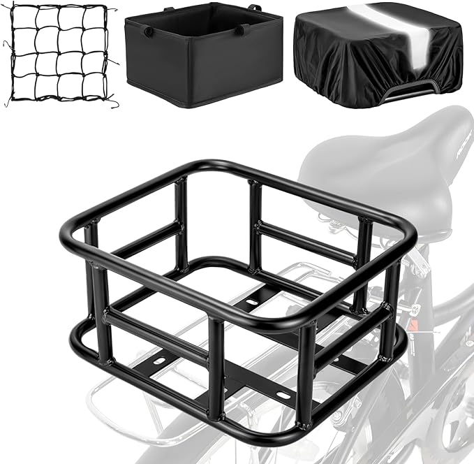 Bike Basket Rear with Liner,Waterproof Cover,Cargo Net Large Rear Bike Basket,Heavy Duty Bicycle Rear Basket for Electric Bike, Ebike,Great for Bike Trip,Carrying Grocery,Ball,Dog