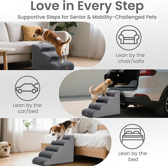 GoGoBunny Ramp Dog Stairs for High Beds 22.6" H, 5-Step Dog Slope Stairs with Durable Waterproof Fabric Cover, Pet Steps for Old Large Dogs Climbing, Non-Slip Sturdy Indoor Step, Grey