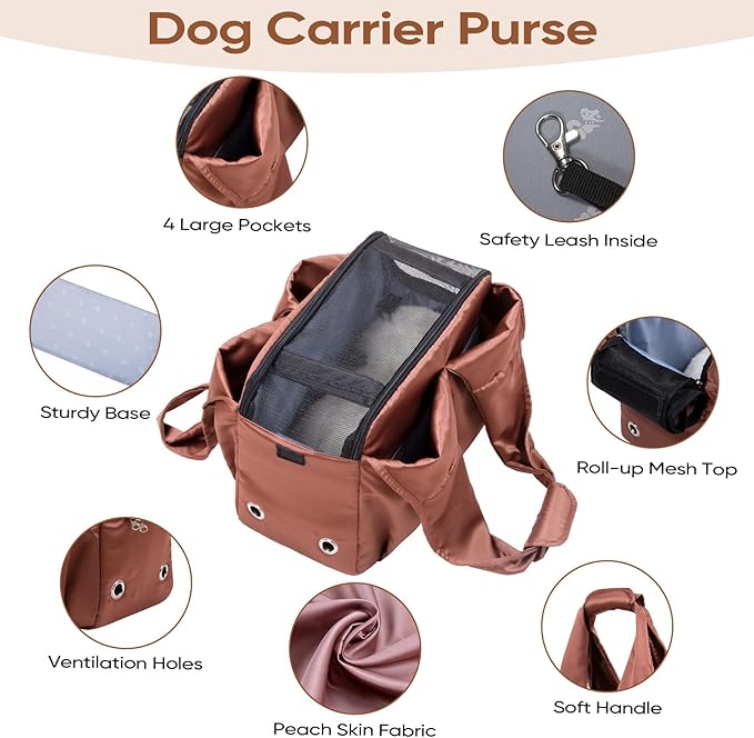 Dog Purse Carrier for Small Dogs, Cats, and Puppies – Soft-Sided Travel Pet Tote Bag with 4 Large Pockets, Foldable, Lightweight, Fits Pets up to 15 lbs, for Travel, Outings (Brown)