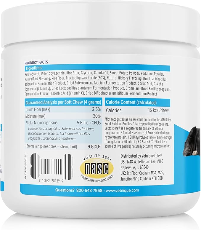 Vetnique Glandex Daily Probiotics for Dogs with Prebiotics to Support Gut Health with Fiber and Digestive Enzymes, Probiotic Chews or Powders (60ct Chews, Bacon Chews)