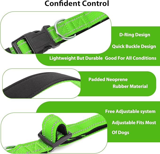 Reflective Dog Collar Padded with Soft Neoprene Breathable Quick Release Basic Dog Collars for Medium Dogs Green Boy Girl