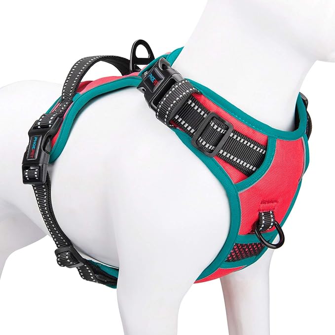 PHOEPET 2019 Reflective Dog Harness Large Breed Adjustable No Pull Vest with with Handle 2 Metal Rings 3 Buckles [Easy to Put on & Take Off](L, Red)