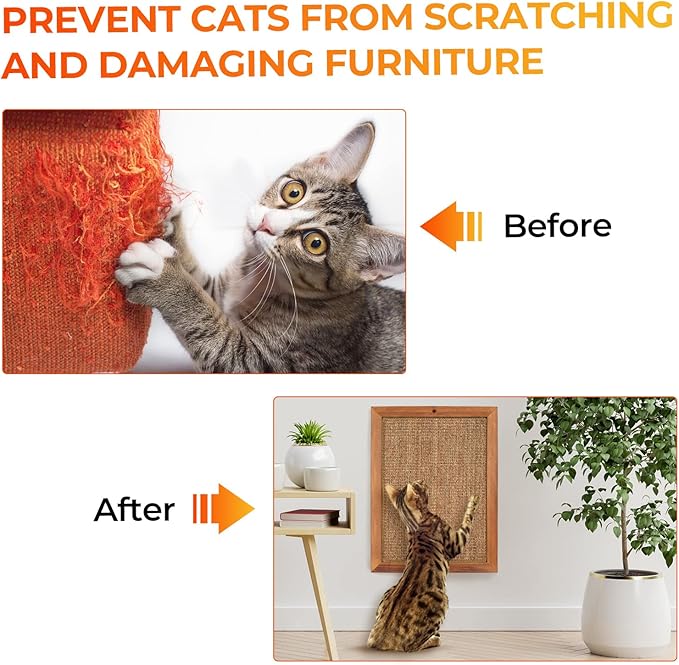 Cat Scratching Post - BXL, Natural Wooden Sisal Cat Wall Scratcher, Floor or Wall Mounted Vertical Cat Scratch Pad for Indoor Cats Adults or Kittens, Cat Wall Furniture Protector