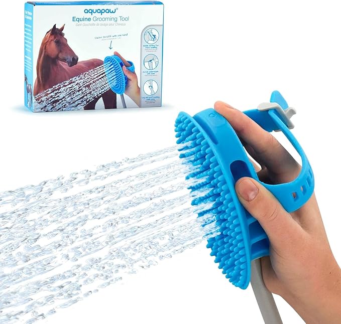 Aquapaw 5-in-1 Horse & Dog Bath Brush & Curry Comb - XL Blue Silicone - Includes 3-ft Shower Hose Attachment & Adapter - Adjustable Spray Scrub Massager - Dog Grooming Supplies