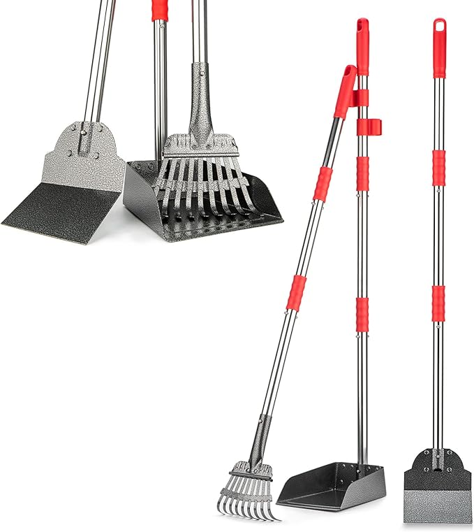 Pooper Scooper, Long Handle Dog Pooper Scooper, Heavy Duty Stainless Steel Rake with Tray & Spade Set for Pet Waste Removal, for Grass, Dirt or Gravel