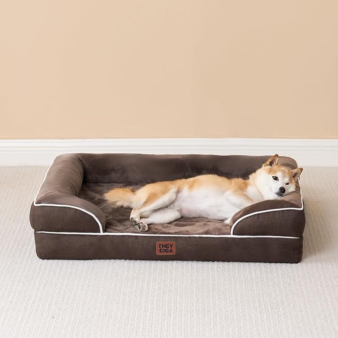 EHEYCIGA Orthopedic Dog Beds for Large Dogs, Waterproof Memory Foam Large Dog Bed with Sides, Non-Slip Bottom and Egg-Crate Foam Pet Couch Bed with Washable Removable Cover, Brown