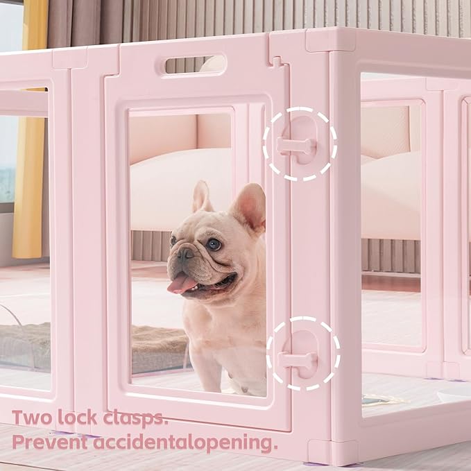 DIY Clear Acrylic Dog Playpen House,Quick Easy Assembly and Disassembly,Strong Floor Suction,Indoor and Outdoor Use,Easy Cleansing Puppy Fence (Skin Pink, 23.6" H, 10PCS)