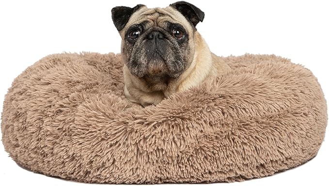 Best Pet Supplies Round Donut Dog Bed with Plush Faux Fur Fabric, Calming, Anti-Anxiety Cushion for Indoor Pets, Slip-Resistant Base, Soft Ergonomic Support - Caramel, 27x27x7.5''