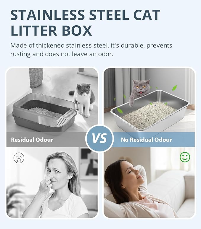 Stainless Steel Cat Litter Box, 4in Shallow Litter Box for Senior Cats and Kittens, Extra Large Metal Litter Pan Nonstick Odor Control Anti-Corrosion
