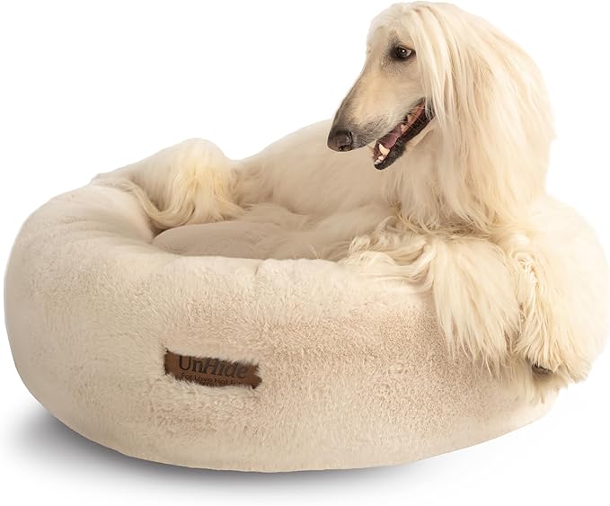 UnHide Floof Pet Bed - Large (35" x 12") - Extra Soft Dog Bed - Removable Faux Fur Cover - Machine Washable - Helps Ease Pet Anxiety & Provides The Perfect Sleep - Beige Bear