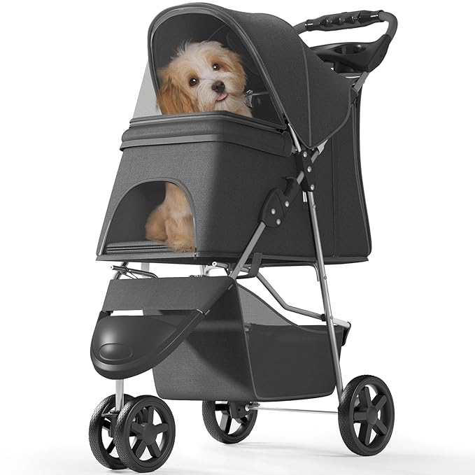 Pet Stroller with 3 Wheels for Small/Medium Pets, Portable Travel Foldable Carrier Jogger for Dog Cat Puppy Kitty, Rear Wheel Breaks, Storage Basket, Visible Mesh with Weather Cover (Black)