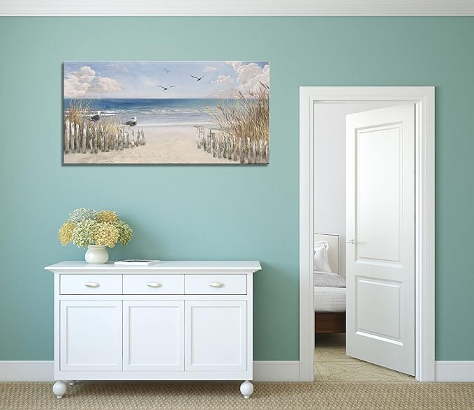 XXMWallArt FC3750 Sandy Beach Wall Art Canvas Print Wall Art Seascape Blue Print Painting Abstract Coastal Picture Modern Ocean Artwork for Living Room Bedroom Bathroom Office Wall Decor