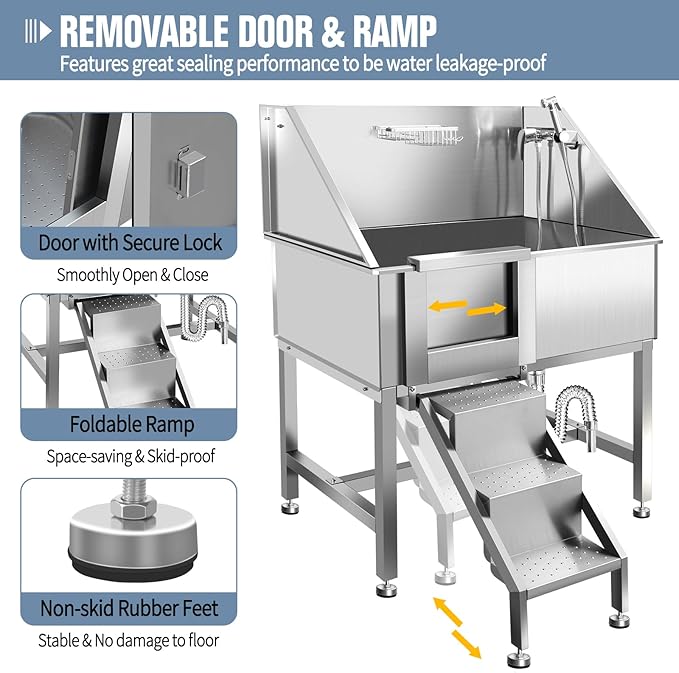 38" Pet Dog Bathing Station W/Ramp, Professional Stainless Steel Dog Grooming Tub W/Soap Box, Faucet,Rich Accessory, Dog Bathtub for Large,Medium,Small Pets, Washing Sink for Home,L-RAMP