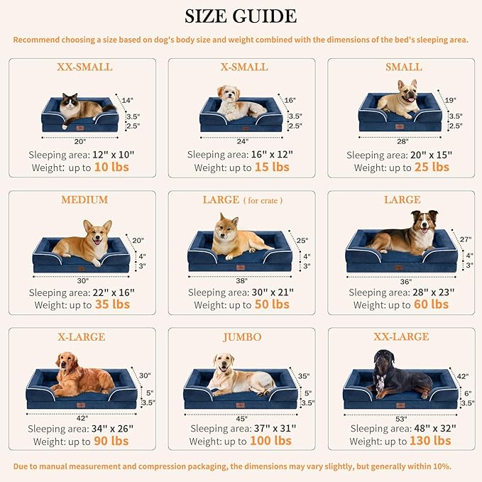 Comfort Expression Small Dog Beds Waterproof Orthopedic Foam Dog Sofa Beds for Small Dogs Comfy Pet Bed with Washable Removable Cover & Non-Slip Bottom(X-Small,Navy Blue)
