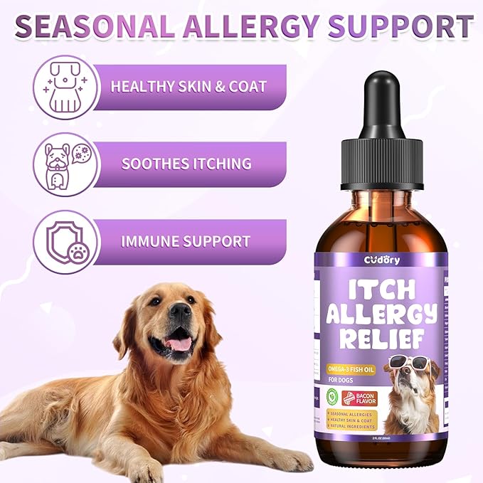 Dog Allergy Relief Drops, Skin & Coat Support with Fish Oil and Omega-3, Natural Immune Supplement for Dogs – Seasonal Allergy & Itchy Skin Care – Soothes Sensitive Skin, Itch Relief for Dog, 2 Fl oz