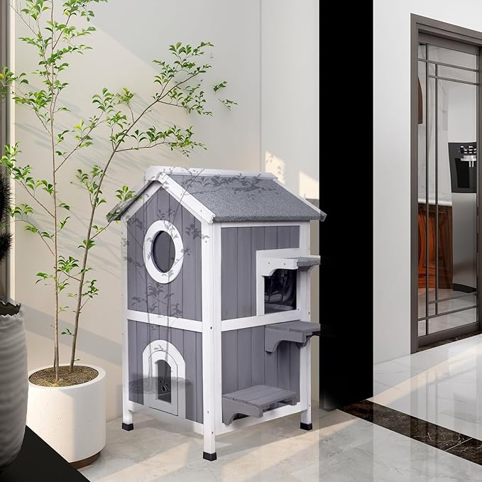GEGURI Outdoor Cat House Weatherproof, Wooden Two-Story Feral Cat Shelter with Openable Roof, Escape Door, Balcony
